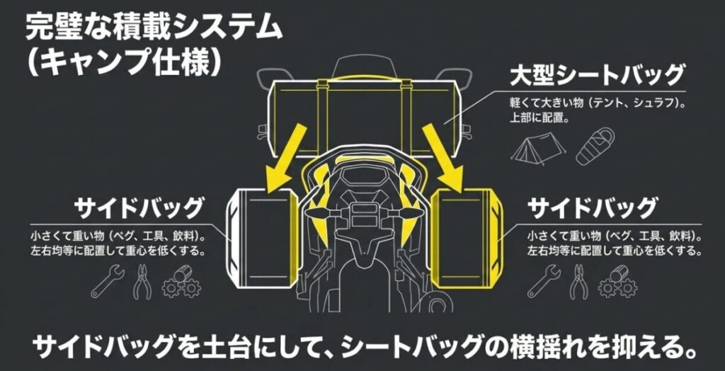 重い荷物を左右のサイドバッグへ、軽くて大きい荷物をシートバッグへ載せるキャンプ積載図