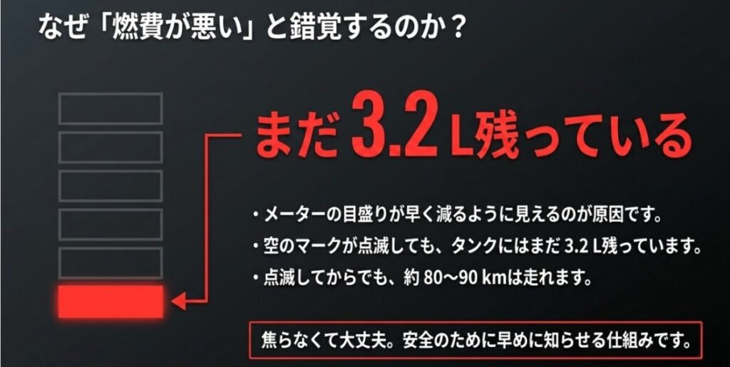 CBR400Rは燃料計のEマーク点滅時にもタンク内に約3.2L残っていることを示す図