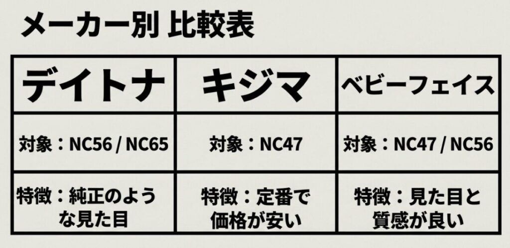 CBR400R用ヘルメットホルダーをデイトナ、キジマ、ベビーフェイスで対象型式と特徴に分けて比較した表
