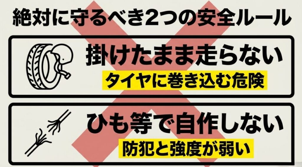 CBR400Rではヘルメットをホルダーに掛けたまま走行せず、ひもや簡易部品で自作しないという2つの安全ルール