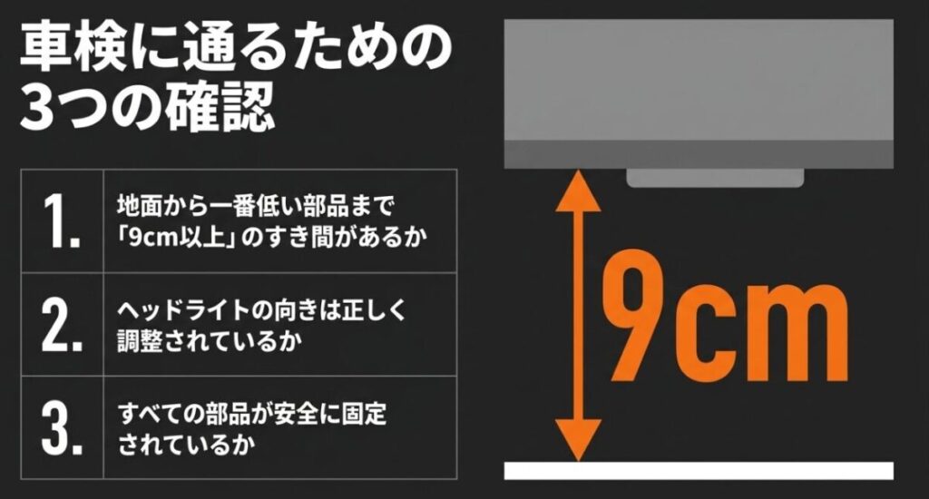 CBR400Rのローダウン後に最低地上高9cm以上、ヘッドライト光軸、部品の固定状態を確認する車検チェック図