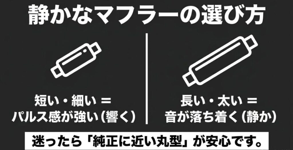 短いサイレンサーと長いサイレンサーを比較し、形状による排気音の響き方の違いを示した図