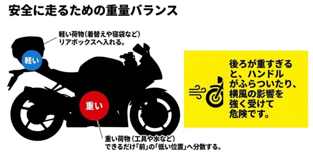 CBR400Rでは軽い荷物をリアボックスへ入れ、重い荷物を前方の低い位置へ分散する図