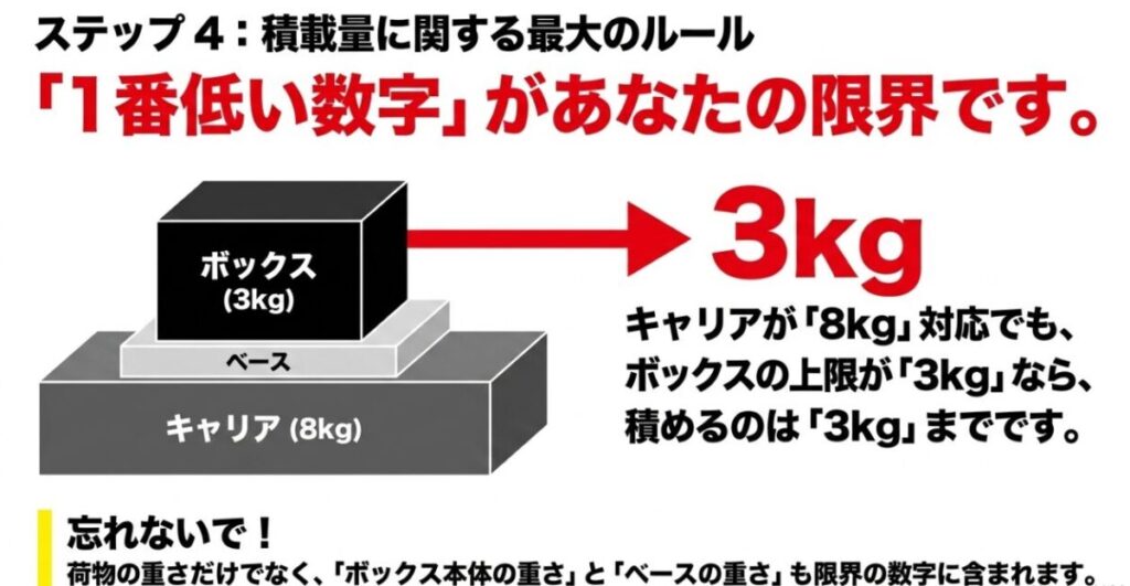 CBR400Rのキャリア、ベース、リアボックスでは最も低い積載上限を優先することを示した図