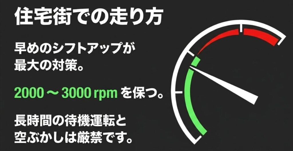 住宅街で早めにシフトアップし、2,000〜3,000rpmを目安に穏やかに走る騒音対策を示した図