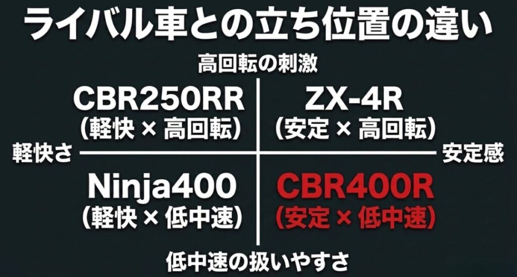 CBR400R・Ninja400・CBR250RR・ZX-4Rを軽快さや安定感で比較したポジション図