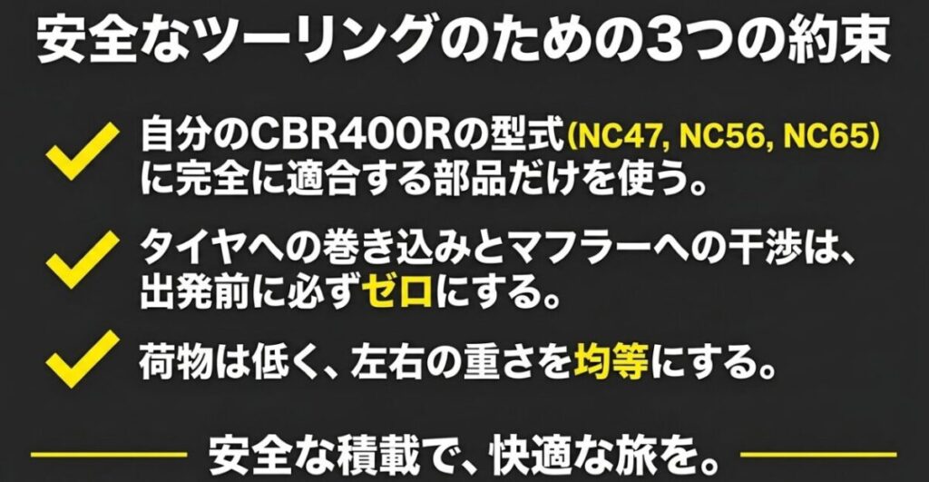 型式に適合する部品を使い、タイヤとマフラーへの干渉をなくし、荷物を低く左右均等に積む3原則