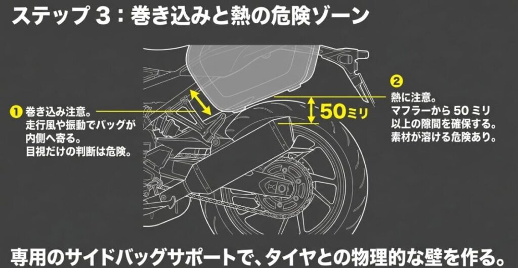サイドバッグのタイヤへの巻き込み防止と、マフラーから50mm以上離す目安を示した図