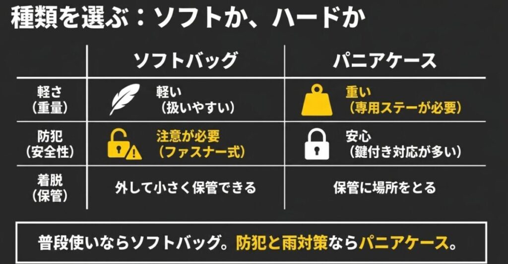 ソフトバッグとパニアケースを重量、防犯性、着脱性、保管性で比較したスライド