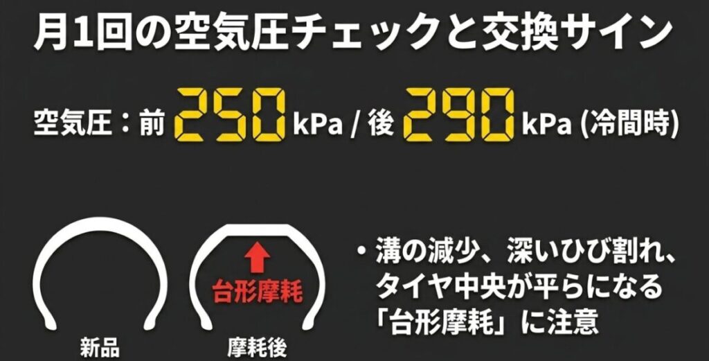 CBR400Rの冷間時空気圧は前250kPa、後290kPaで、台形摩耗などの交換サインを示す図