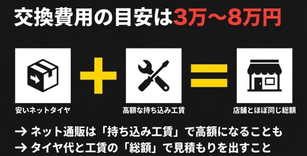 CBR400Rのタイヤ交換費用は3万から8万円で、ネット購入では持ち込み工賃に注意する図