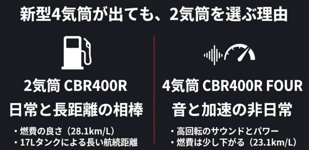 2気筒CBR400Rの燃費と航続距離、4気筒CBR400R FOURの音と加速を比較した図