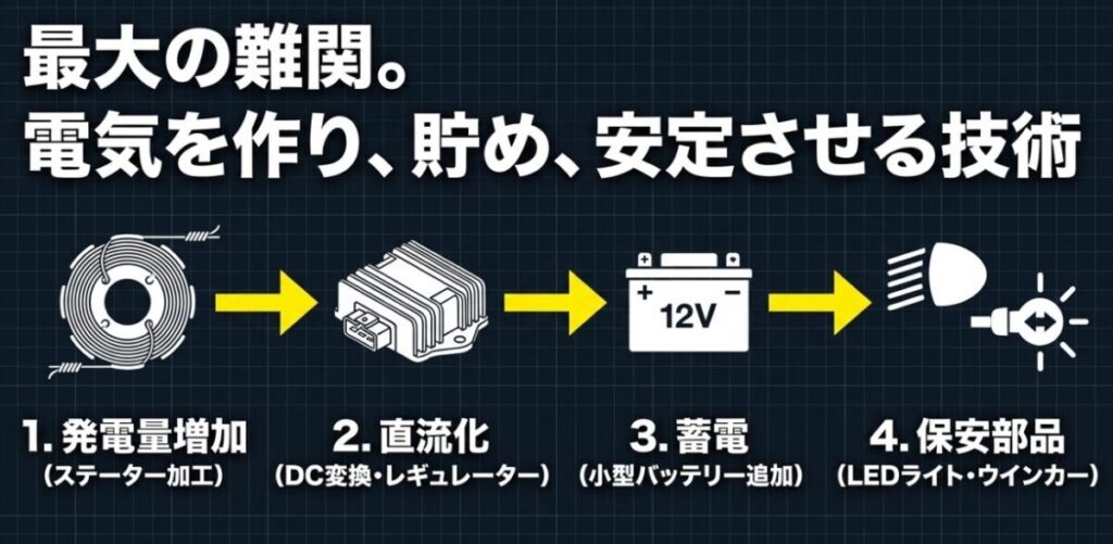 CRF150Rの発電量増加からDC化・蓄電・保安部品への電力供給までの流れ