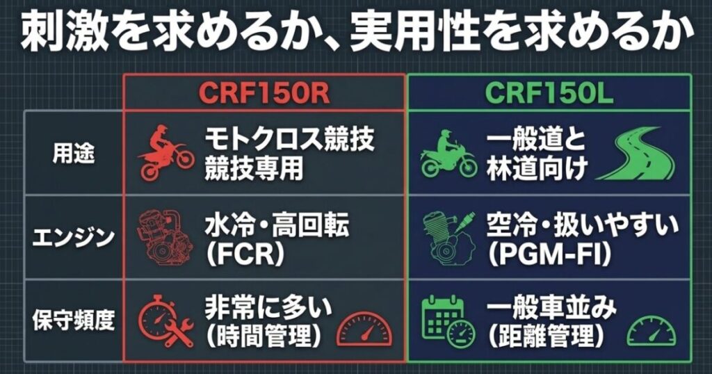 競技専用のCRF150Rと一般道・林道向けCRF150Lの用途やエンジン、整備頻度の違い