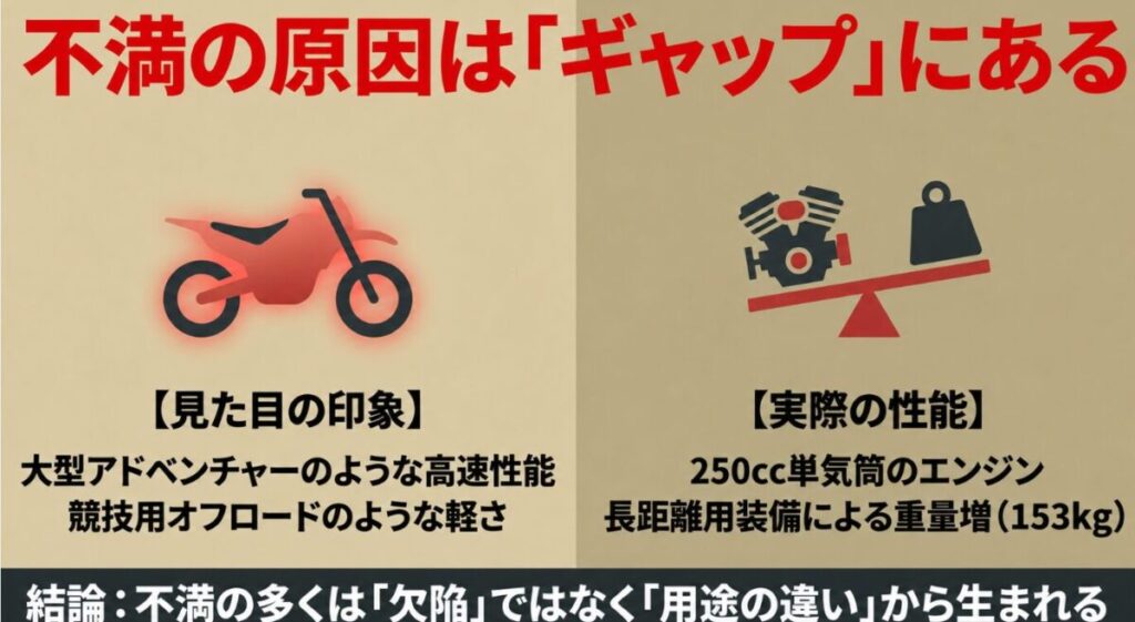 大型アドベンチャーのような見た目と、250cc単気筒エンジンや153kgの車重という実性能のギャップを示した図