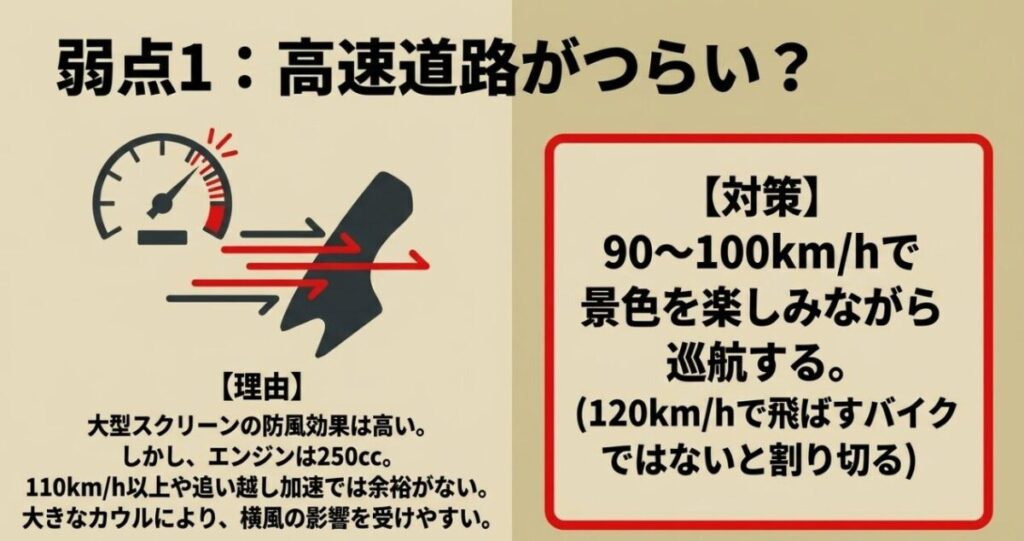 CRF250ラリーが高速道路で余裕を感じにくい理由と、90~100km/hを中心に巡航する対策を示した図