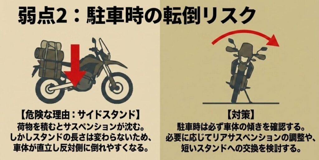 荷物の積載でリアが沈み、サイドスタンド駐車時に車体が直立して転倒しやすくなる仕組みと対策