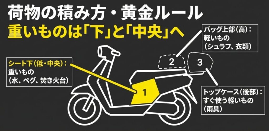 フォルツァでキャンプ道具を積むときに重い荷物をシート下や中央寄りに配置する重量配分の説明図