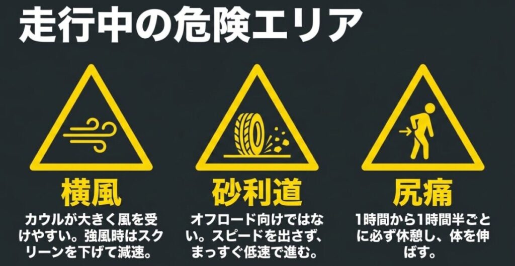 フォルツァでキャンプツーリング中に注意したい横風、砂利道、尻痛の危険ポイントを示した図