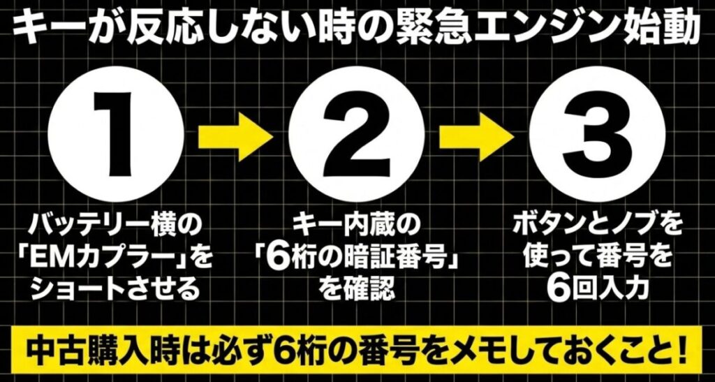 フォルツァMF08でスマートキーが反応しない際に、EMカプラーをショートさせ、6桁の暗証番号を入力してエンジンを始動する3つの手順