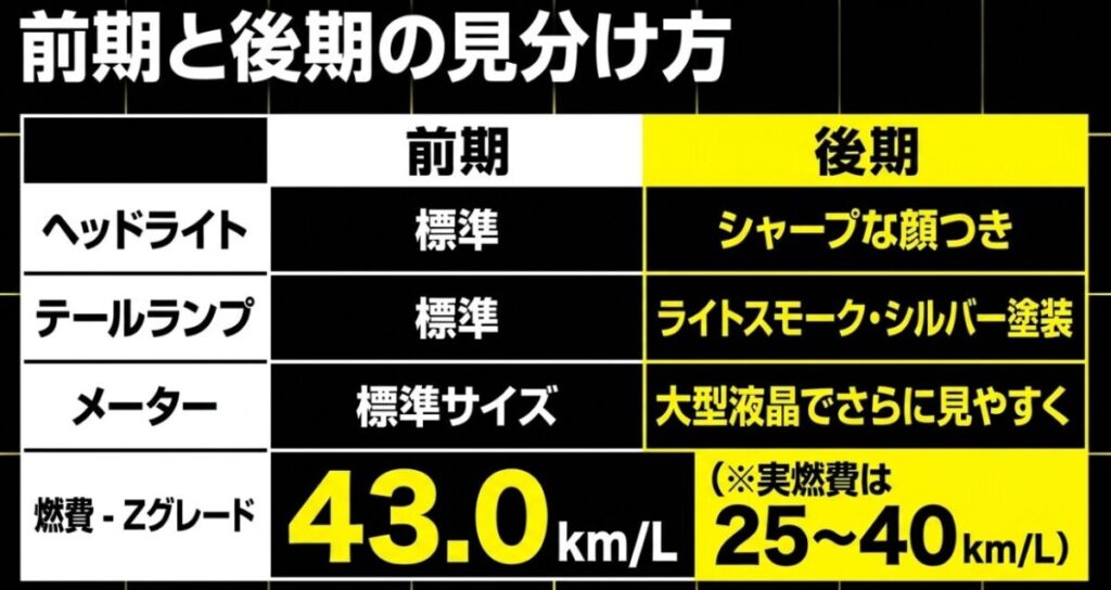 フォルツァMF08の前期と後期における、ヘッドライト、テールランプ、メーター形状、カタログ燃費の見分け方をまとめた比較表