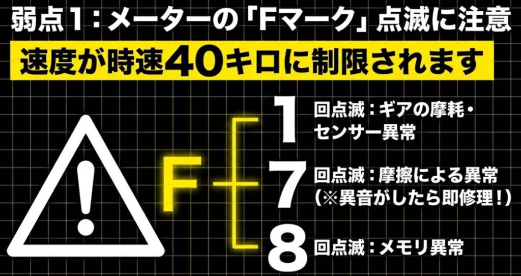 フォルツァMF08のメーターでFマークが点滅した際のエラーコード（1回：ギア摩耗、7回：摩擦異常、8回：メモリ異常）が示す原因