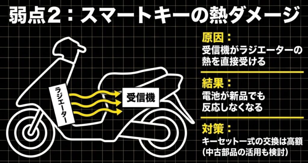 フォルツァMF08のスマートキー受信機がラジエーターの熱を直接受けることで、電池が新品でも反応しなくなる熱ダメージの構造