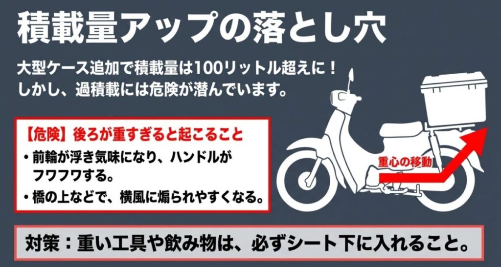 フォルツァMF17に大型トップケースを追加した際の過積載の危険性（前輪の接地感低下、横風の影響）と、重い荷物をシート下に入れる対策を示したイラスト付きスライド画像。