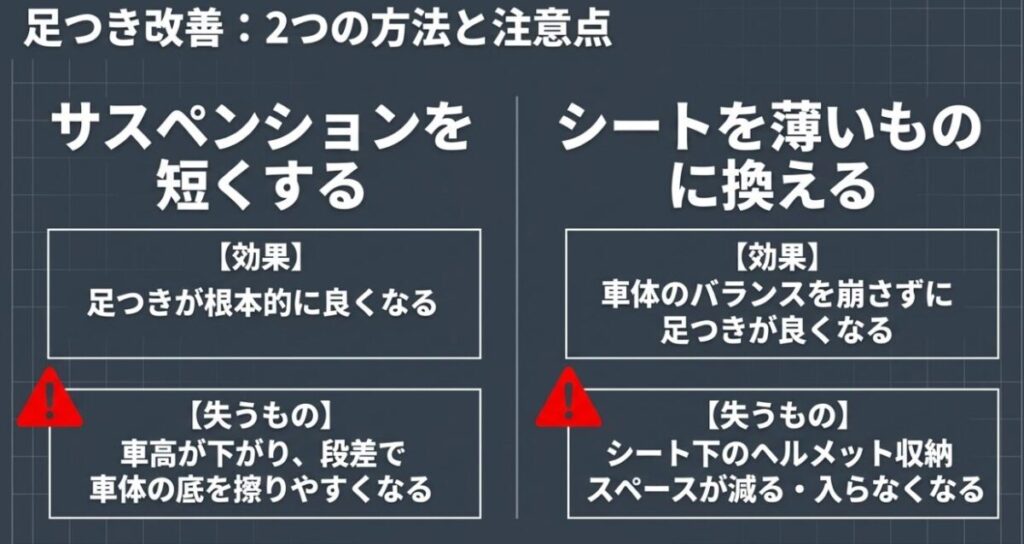 フォルツァMF17の足つき改善における2つのアプローチ（サスペンション短縮、シート交換）のメリットとそれぞれのデメリット（底擦り、メットイン容量減少）を比較したスライド画像。