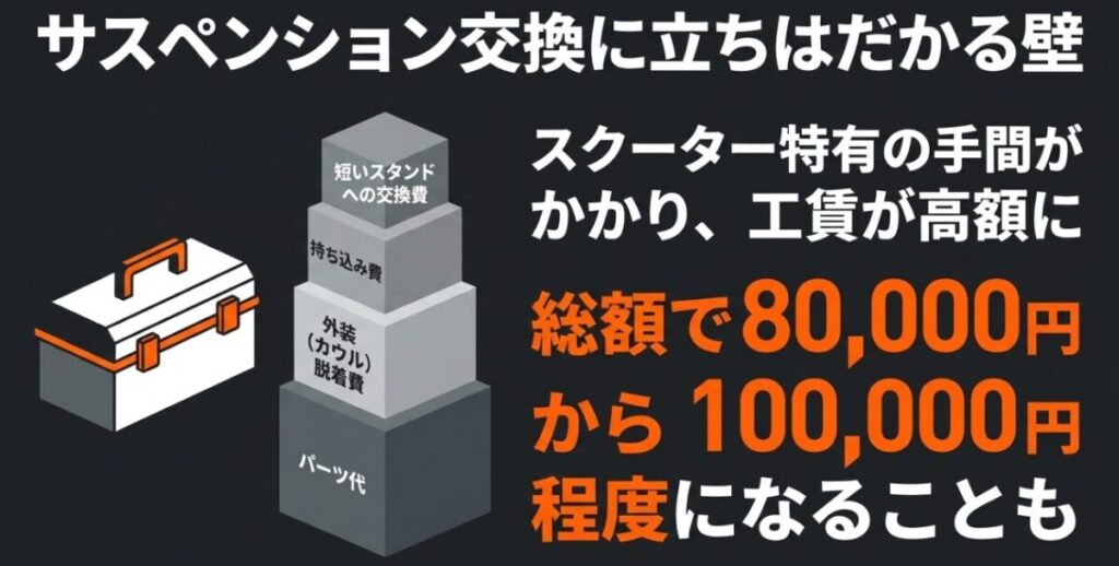フォルツァMF17のサスペンション交換ではカウル脱着や持ち込み工賃が加算され、総額8万円から10万円程度になる場合があることを示した図解
