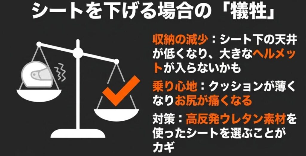 フォルツァMF17のローダウンシートは足つき改善に有効だが、収納容量の減少や座り心地の変化に注意が必要なことを示した図解