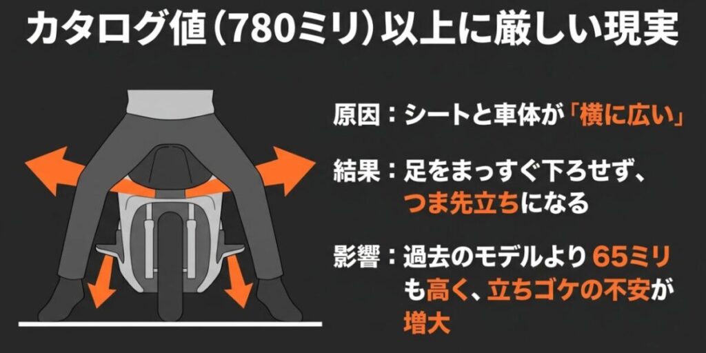 フォルツァMF17はシート幅と車体幅が広く、足をまっすぐ下ろしにくいため足つきが悪く感じやすいことを示した図解
