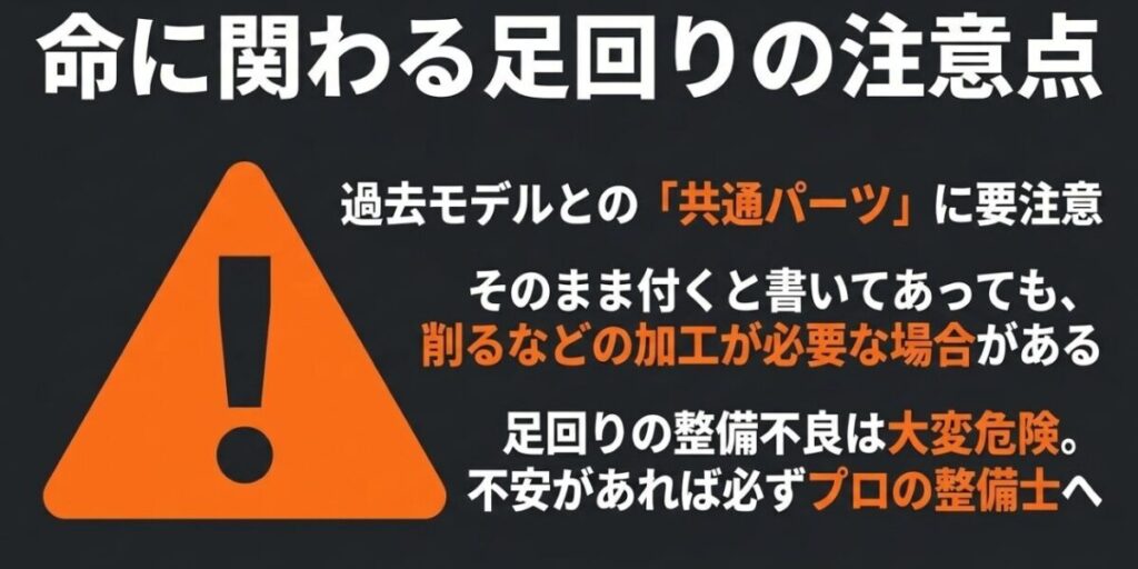 フォルツァMF17の足回りパーツは過去モデルと共通とされる場合でも、加工や調整が必要なことがあるため注意を促すスライド
