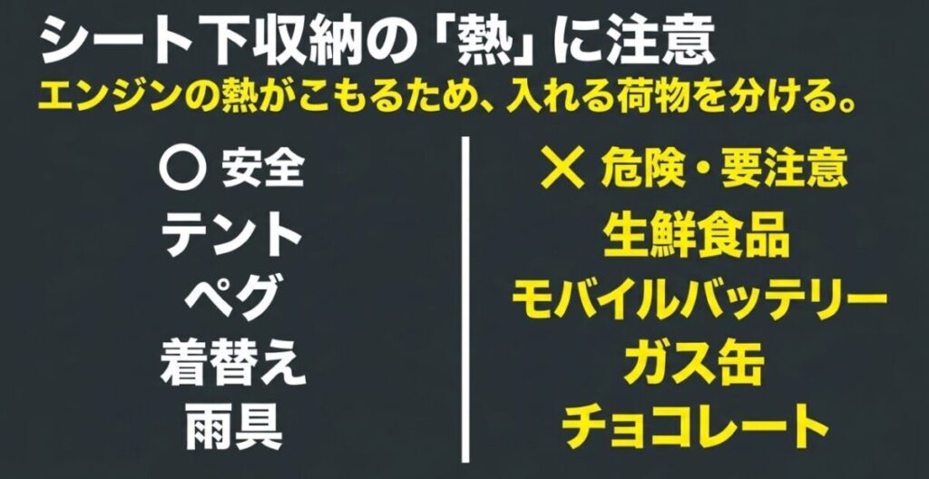 フォルツァのシート下収納に入れてよい荷物と熱に注意したい食品や電子機器を比較した図