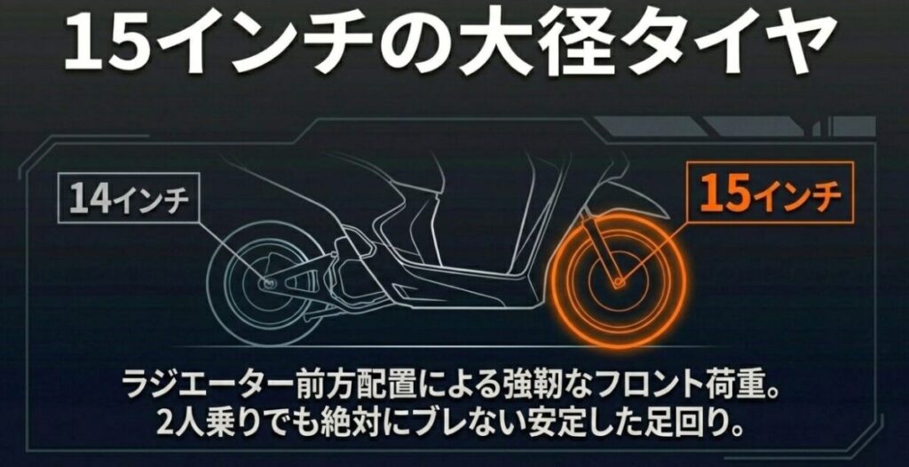 フォルツァ250：フロント15インチ、リア14インチの大径タイヤ図解。ラジエーター前方配置による強靭なフロント荷重で、2人乗りでも絶対にブレない安定した足回りを実現していることを示す図解。
