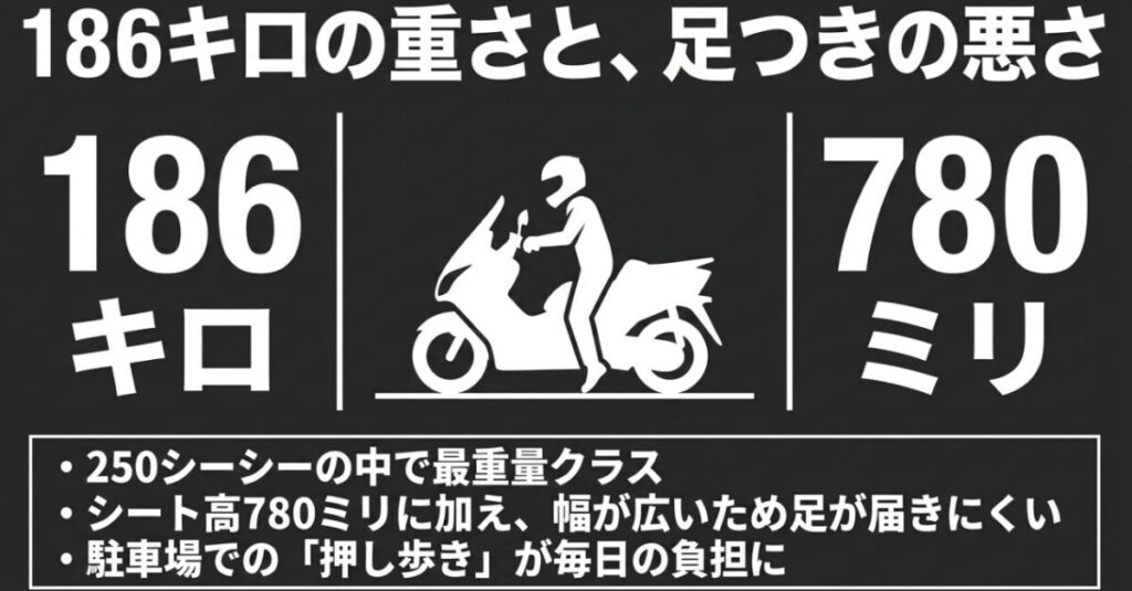フォルツァ250の車両重量186kgとシート高780mmによる取り回しや足つきの不安を示したスライド