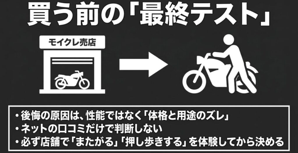 フォルツァ250購入前に店舗でまたがり、押し歩きや取り回しを確認する重要性を示した最終チェック用スライド
