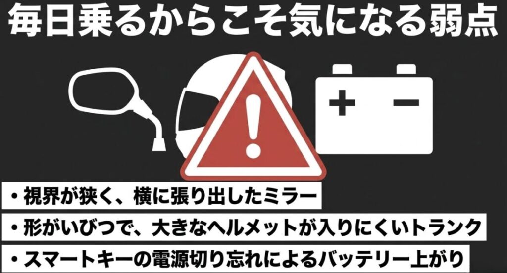 フォルツァ250のミラー視界、トランク形状、スマートキーによるバッテリー上がりリスクを示したスライド