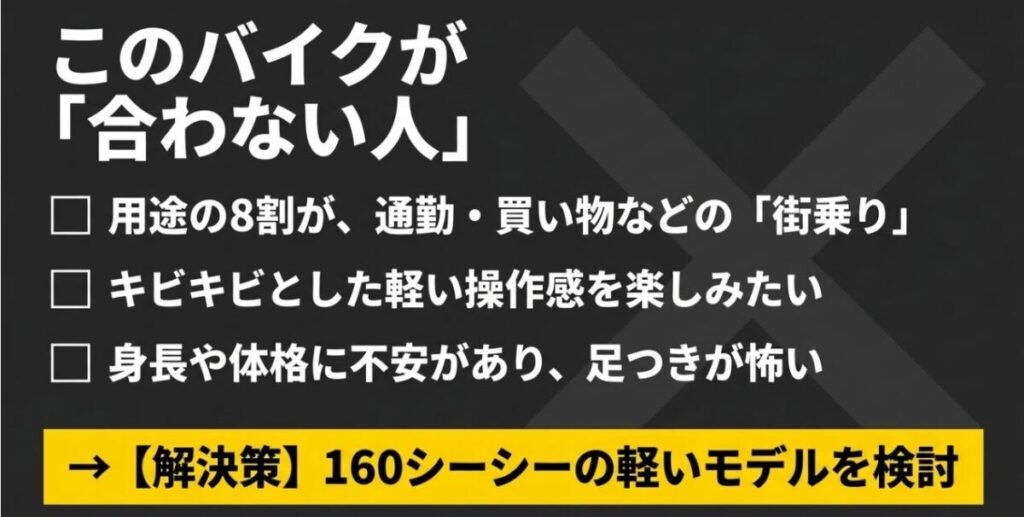 街乗り中心、軽快な操作感重視、足つきに不安がある人にはフォルツァ250が合わない可能性を示したスライド