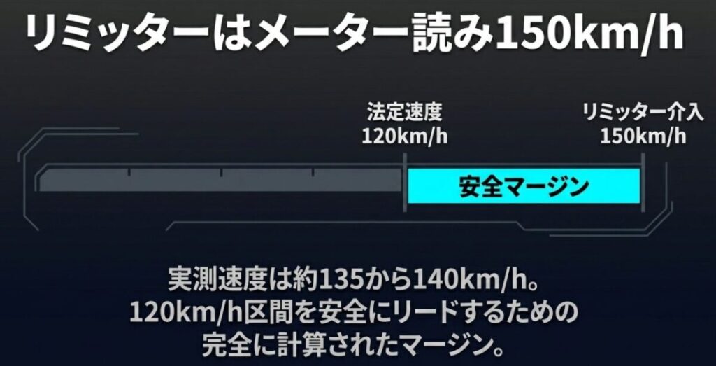 フォルツァ250のリミッターはメーター読み150km/hで介入し、実測速度は約135から140km/h。法定速度120km/h区間を安全にリードするための完全に計算されたマージンであることを解説する図解。