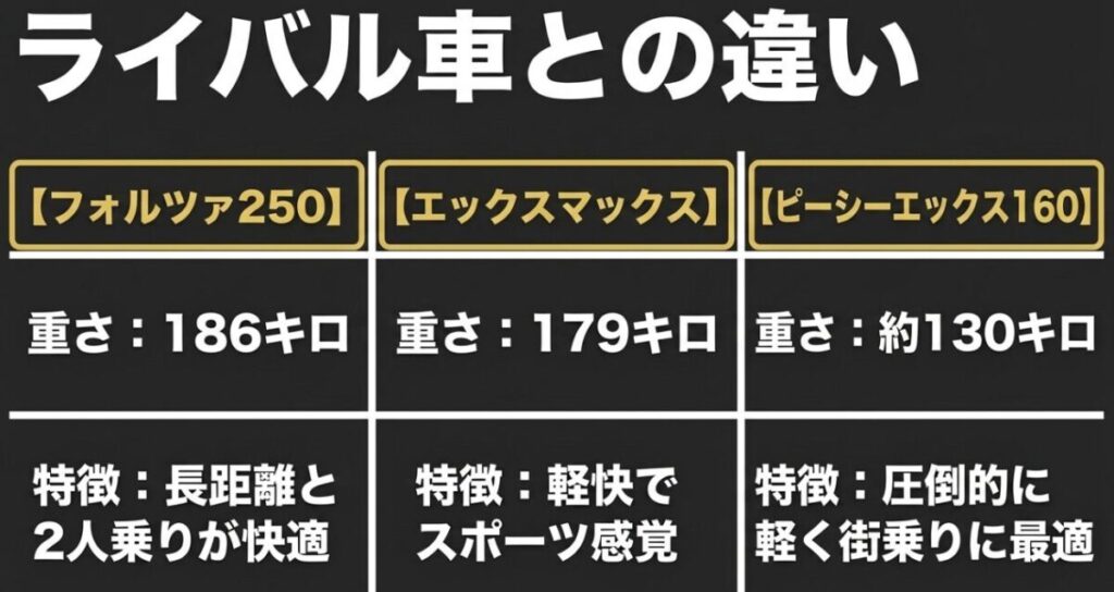 フォルツァ250、XMAX、PCX160の重量や特徴を比較し、用途ごとの違いを整理したスライド