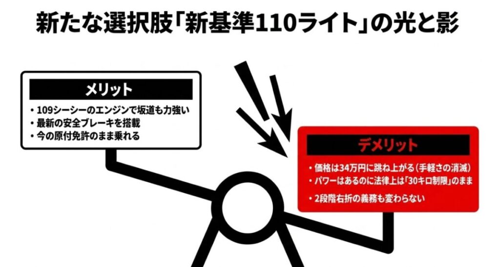 新基準原付「スーパーカブ110 Lite」の、109ccのパワーや安全ブレーキというメリットと、34万円への値上がりや30km/h制限継続というデメリットを比較したスライド。