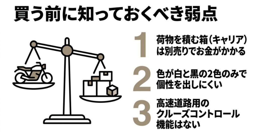 NX400の弱点として、キャリア別売、2024年型のカラーが白黒2色、クルーズコントロール非搭載を整理