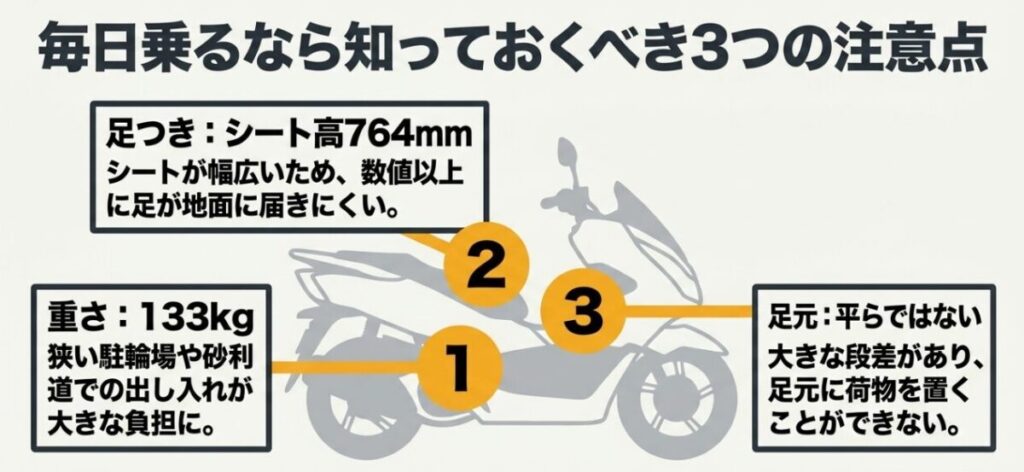 PCX125に毎日乗るなら知っておくべき3つの注意点(シート高による足つきの悪さ、133kgの重さ、足元が平らではないこと)の解説