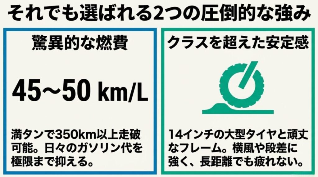 PCX125の強みである45〜50km/Lの驚異的な燃費と、14インチタイヤと頑丈なフレームによるクラスを超えた安定感の解説