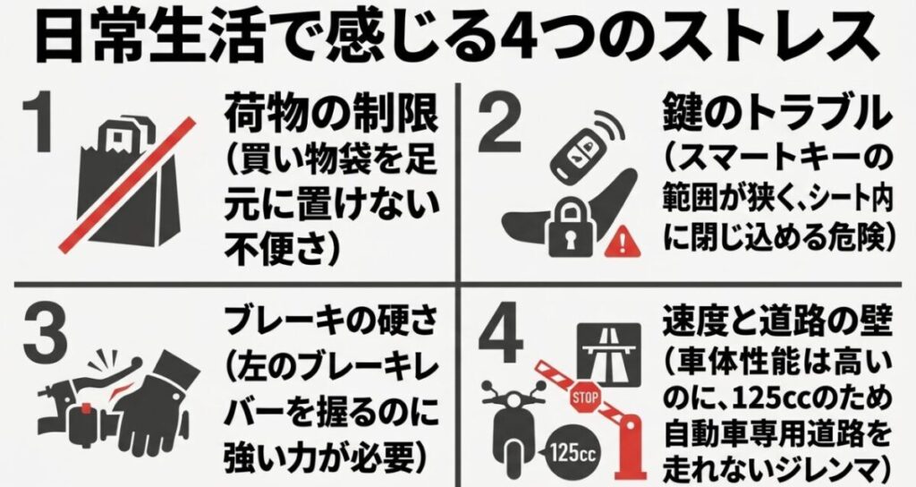 PCX125の日常で感じるストレスである、荷物の制限、ブレーキの硬さ、鍵のトラブル、125ccの速度と道路の壁に関する図解