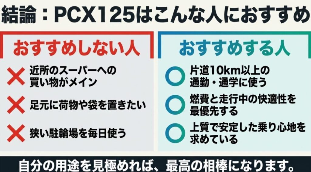 PCX125をおすすめしない人(近所の買い物メインなど)と、おすすめする人(片道10km以上の通勤など)をまとめた結論