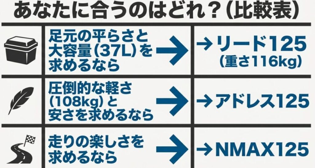 PCX125の競合であるリード125、アドレス125、NMAX125のそれぞれの特徴とおすすめな人をまとめた比較表
