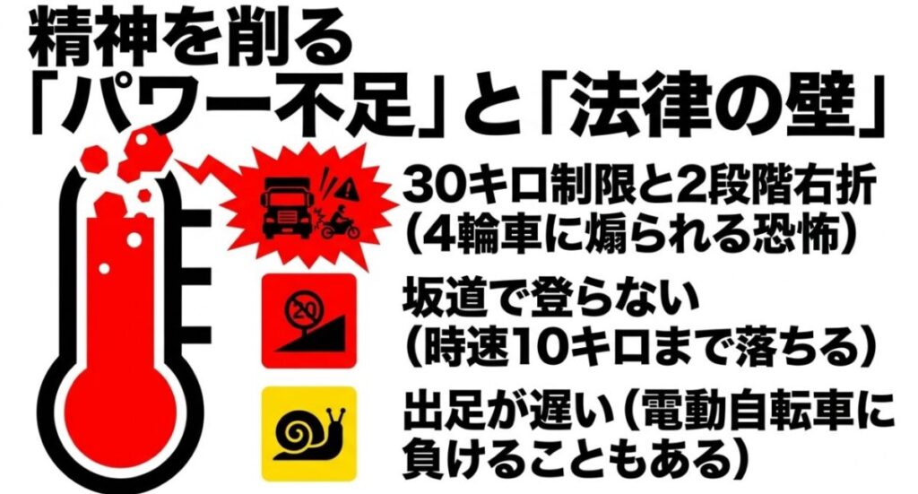 スーパーカブ50のパワー不足による出足の遅さや坂道での減速、30km/h制限や二段階右折による四輪車からの煽りの恐怖をまとめたスライド。