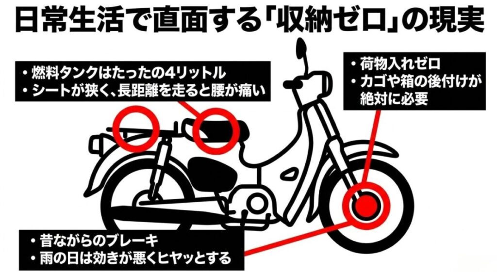 スーパーカブ50の車体イラストと共に、収納ゼロでカゴの後付けが必要な点、4Lの小さな燃料タンク、雨の日に効きが悪いドラムブレーキなどの日常の弱点を指摘するスライド。